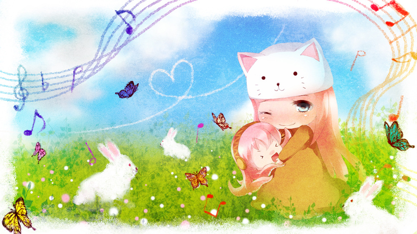 &gt;_&lt; :d animal_hat blush bug bunny butterfly cat_hat chibi closed_eyes hat heart insect long_hair megurine_luka megurine_luka_(toeto) musical_note nature one_eye_closed open_mouth smile takoluka toeto_(vocaloid) tottsuan very_long_hair vocaloid