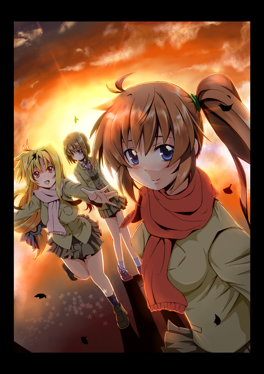 absurdres fate_testarossa highres long_hair lyrical_nanoha mahou_shoujo_lyrical_nanoha mahou_shoujo_lyrical_nanoha_a's multiple_girls outstretched_arm outstretched_hand purple_eyes reaching red_eyes red_scarf scarf school_uniform seishou_middle_school_uniform side_ponytail sunset takamachi_nanoha totsuki_tooka very_long_hair windowboxed yagami_hayate