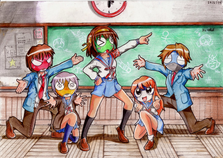 3girls =_= @_@ asahina_mikuru brown_hair chalkboard classroom cosplay dancing dororo_(keroro_gunsou) giroro hand_on_hip joe_artist keroro keroro_gunsou kita_high_school_uniform kneehighs koizumi_itsuki kururu_(keroro_gunsou) kyon mask multiple_boys multiple_girls nagato_yuki necktie one_eye_closed orange_hair outstretched_arms parody pointing school_uniform serafuku silver_hair skirt socks spread_arms suzumiya_haruhi suzumiya_haruhi_no_yuuutsu tamama traditional_media