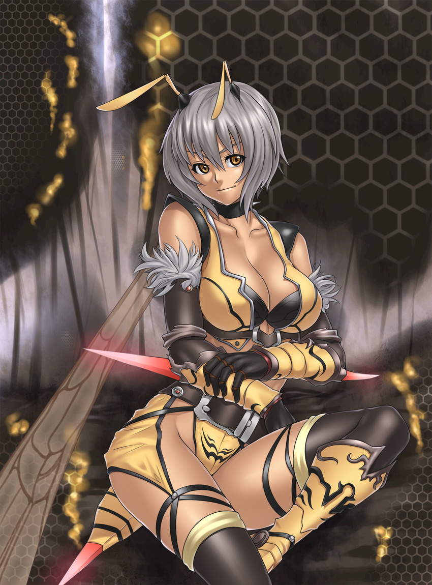 antennae bee_girl breasts cleavage highres honeycomb_(pattern) honeycomb_background houtengeki insect_girl insect_wings large_breasts monster_girl original short_hair silver_hair solo thighhighs wings yellow_eyes