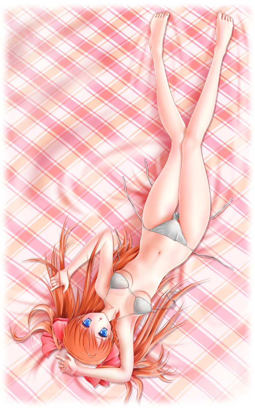 armpits barefoot bikini blue_eyes braid feet hands highres honeycoming_royalsweet kamijou_asahi legs lying md5_mismatch miharin navel orange_hair plaid solo swimsuit thigh_gap twintails untied upside-down