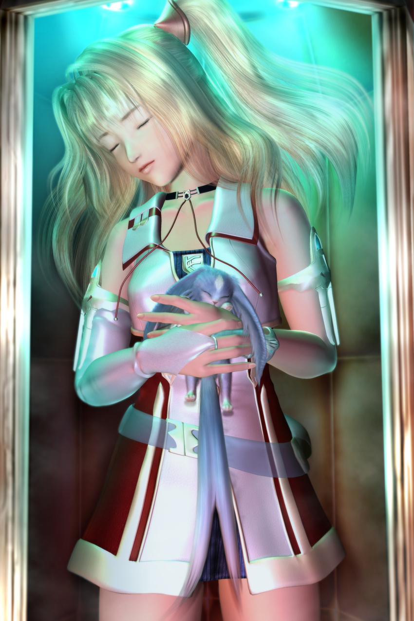 3d animal armlet blonde_hair capsule closed_eyes collar des_blood_4 esk_anderson highres holding sleeping solo twintails vest