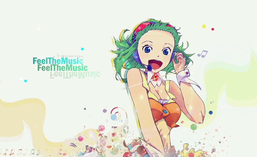 :d bare_shoulders belt blue_eyes blush breasts brooch cleavage crop_top english eyelashes flipped_hair floating_hair forehead glint glowing goggles goggles_on_head green_hair gumi hand_on_headphones headphones headset jewelry looking_down medium_breasts musical_note open_mouth orange_skirt patterned round_teeth sanpaku short_hair skirt skirt_set sleeveless smile solo teeth third-party_edit tongue ukke upper_body vocaloid white_background wrist_cuffs