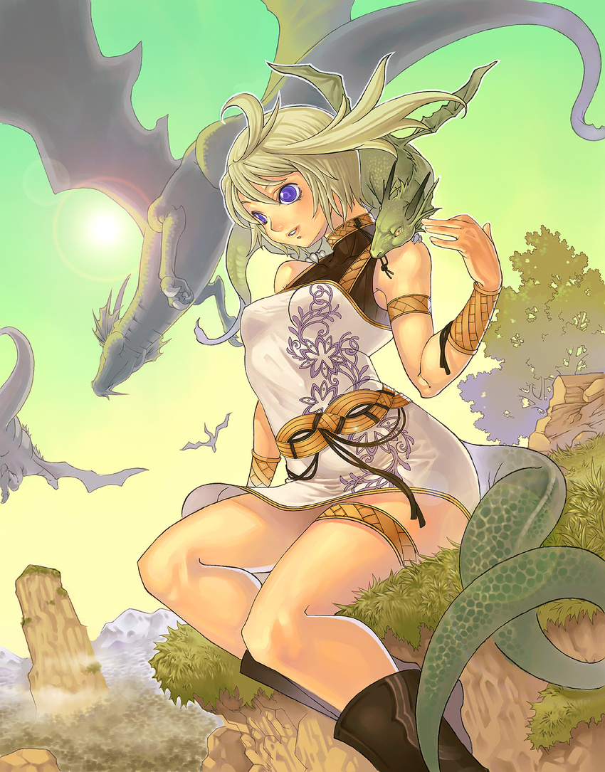 bad_id bad_pixiv_id blonde_hair blue_eyes dragon dragon_girl giantess highres katsutake monster_girl original solo tail