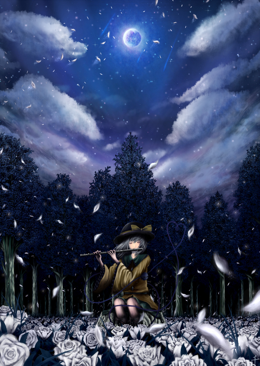 bad_id bad_pixiv_id black_hat blouse bow closed_eyes cloud facing_viewer field flower flower_field flute forest frilled_sleeves frills green_skirt grey_hair hat hat_bow heart highres instrument komeiji_koishi long_sleeves meteor_shower moon moonlight music nature night night_sky petals playing_instrument rose shooting_star sitting skirt sky solo soori star star_(sky) starry_sky tears third_eye touhou tree white_flower white_rose wide_sleeves wind yellow_blouse