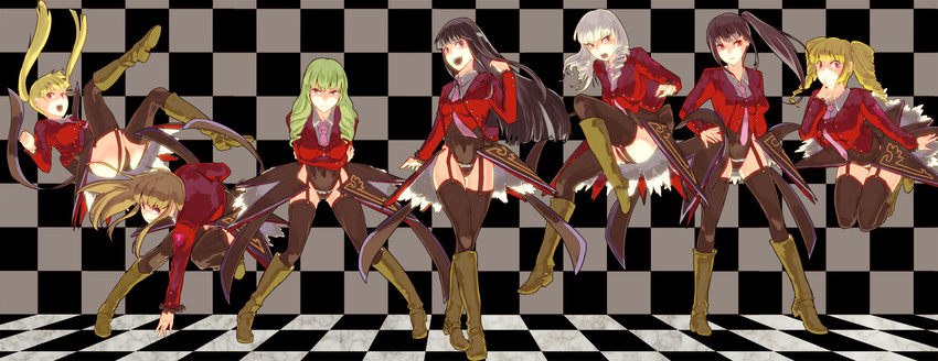 asmodeus bangs beelzebub belphegor black_hair black_legwear blazer blonde_hair boots breasts brown_hair checkered checkered_floor curly_hair drill_hair garter_straps green_hair grin highres jacket knee_boots large_breasts leviathan_(umineko) long_hair lucifer mammon medium_breasts multiple_girls necktie perspective pink_neckwear red_eyes satan side_ponytail smile stakes_of_purgatory tears thighhighs toriko_(hatoriko) toritori twintails umineko_no_naku_koro_ni uniform vest white_hair