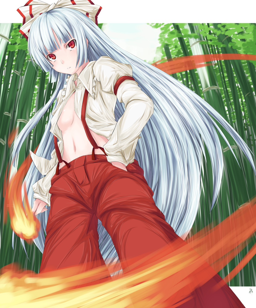 arcadia090 bad_id bad_pixiv_id bamboo bamboo_forest bow fire forest fujiwara_no_mokou hair_bow hair_ribbon highres long_hair nature no_bra open_clothes open_shirt red_eyes ribbon shirt silver_hair solo suspenders touhou