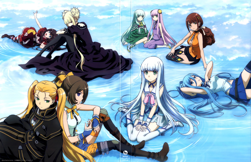 :3 :d aoki_hagane_no_arpeggio asymmetrical_clothes belt blonde_hair blue_eyes blue_hair blue_legwear boots breasts brown_hair capelet chinese_clothes choker cleavage cleavage_cutout cloak corset cover crease curly_hair double_bun dress dvd_cover fingerless_gloves gloves green_eyes green_hair hair_ornament hair_rings hairclip haruna_(aoki_hagane_no_arpeggio) highres hyuuga_(aoki_hagane_no_arpeggio) i-400_(aoki_hagane_no_arpeggio) i-402_(aoki_hagane_no_arpeggio) iona jewelry kirishima_(aoki_hagane_no_arpeggio) kongou_(aoki_hagane_no_arpeggio) long_hair looking_at_viewer lying maya_(aoki_hagane_no_arpeggio) medium_breasts miniskirt monocle multiple_girls necklace official_art on_back open_mouth pantyhose ponytail purple_dress purple_hair red_eyes school_uniform short_dress short_hair short_hair_with_long_locks short_ponytail short_twintails side_slit sidelocks single_pantsleg sitting skirt slippers smile smiley_face striped striped_legwear takao_(aoki_hagane_no_arpeggio) thigh_strap thighhighs twintails wariza water white_legwear wrist_cuffs yellow_eyes yokozuwari