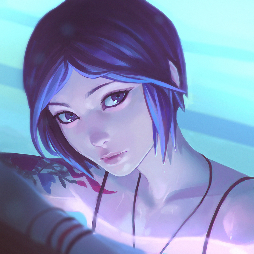 bangs blue_background blue_hair bob_cut chloe_price closed_mouth collarbone eyeliner face head_tilt ilya_kuvshinov jewelry life_is_strange lips looking_at_viewer makeup necklace parted_bangs partially_submerged portrait purple_eyes short_hair sleeveless solo strap swimming tattoo wet wet_hair wristband