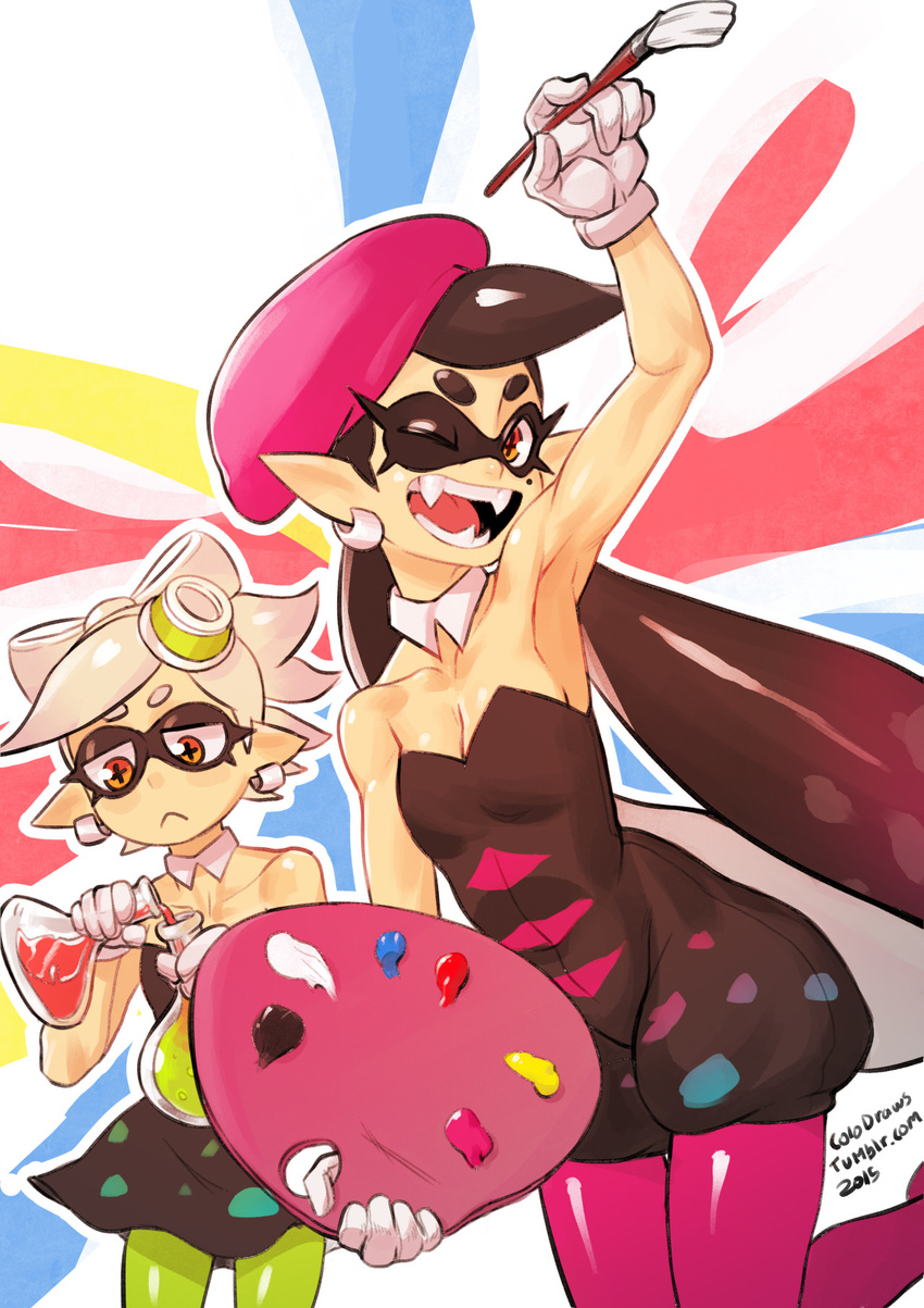 +_+ 2girls :d aori_(splatoon) arm arm_up armpits artist_name bare_arms bare_shoulders beaker beret black_dress black_hair breasts cleavage colo_(nagrolaz) dated detached_collar domino_mask dress earrings fangs female green_pantyhose hat highres hotaru_(splatoon) jewelry long_hair looking_at_viewer mask mole mole_under_eye multiple_girls nintendo object_on_head one_eye_closed open_mouth paintbrush palette pantyhose pink_legwear pointy_ears short_hair smile splatoon strapless strapless_dress symbol-shaped_pupils tentacle_hair unitard white_hair wink