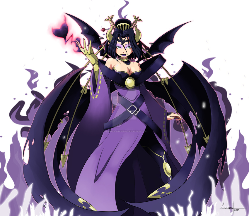 adriano_lima bare_shoulders bat_wings black_hair blue_eyes breasts choker claws cleavage comb demon_girl digimon digimon_xros_wars dress eyeshadow facial_mark fingernails fire forehead_mark hair_ornament highres horns lilithmon lipstick looking_at_viewer makeup multiple_wings pointy_ears purple_dress purple_fire purple_lipstick sharp_fingernails short_hair signature solo watermark wide_sleeves wings