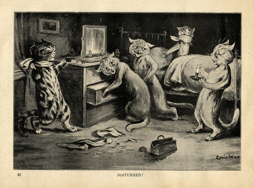 ambiguous_gender bed biped border bound candle cat digitigrade dresser feline fire greyscale group gun holding holding_weapon inside license_info louis_wain mammal monochrome nude on_bed open_mouth public_domain ranged_weapon semi-anthro sepia sitting standing surprise weapon whiskers