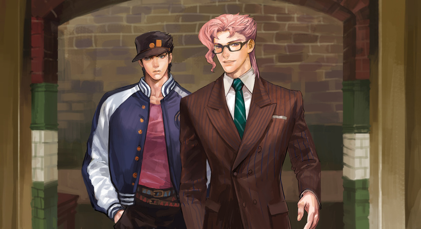 avicy black_hair brick_wall cosplay formal gary_unwin gary_unwin_(cosplay) glasses hands_in_pockets harry_hart harry_hart_(cosplay) hat jacket jojo_no_kimyou_na_bouken kakyouin_noriaki kingsman:_the_secret_service kuujou_joutarou male_focus multiple_boys necktie parody pink_hair striped_suit suit