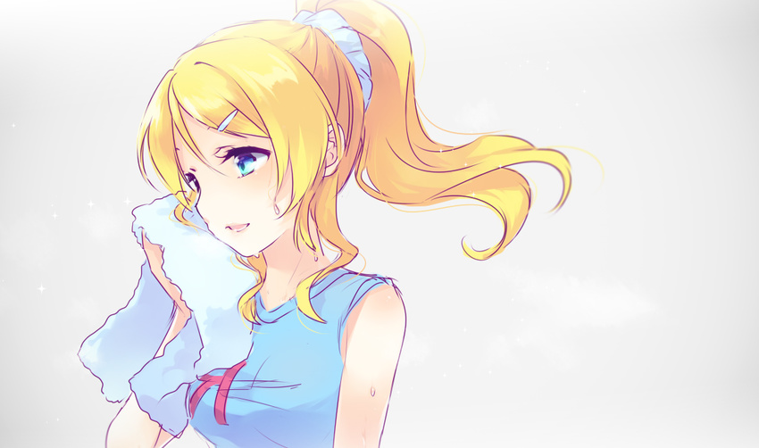 ayase_eli bangs blonde_hair blue_eyes grey_background hair_ornament hairpin love_live! love_live!_school_idol_project ponytail scrunchie shinia shirt sketch sleeveless sleeveless_shirt smile solo sweat swept_bangs towel upper_body white_scrunchie wiping_face