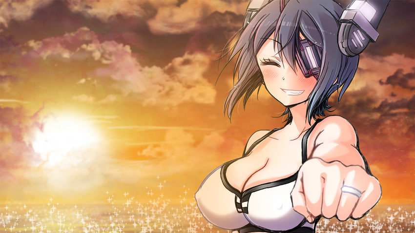 bikini blush breasts cleavage closed_eyes collarbone covered_nipples eyepatch grin happy headgear highres jewelry kantai_collection large_breasts nature ocean purple_hair ring short_hair smile solo swimsuit tenryuu_(kantai_collection) wedding_band yuzuki_ryouta