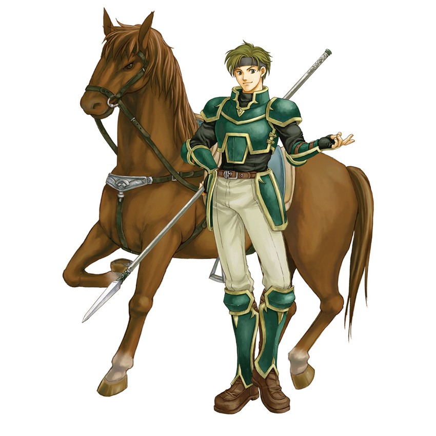 armor fire_emblem fire_emblem:_rekka_no_ken green_eyes green_hair highres holding holding_weapon horse looking_at_viewer male_focus official_art polearm sain shoulder_armor smile solo spaulders spear wada_sachiko weapon white_background