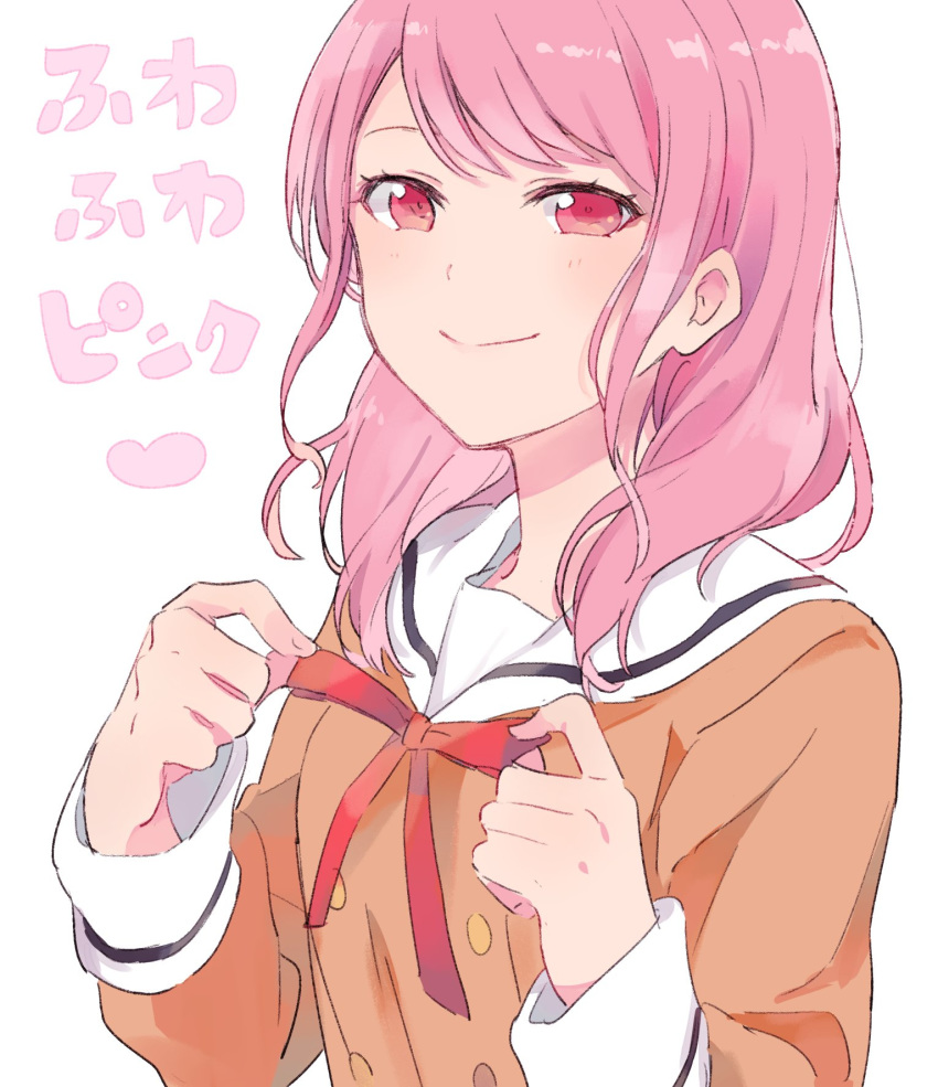 adjusting_neckwear brown_shirt chaa_(korone-ze) closed_mouth commentary_request copyright_request double-breasted highres long_sleeves looking_at_viewer medium_hair monsieur neck_ribbon pink_eyes pink_hair red_neckwear red_ribbon ribbon sailor_collar school_uniform serafuku shirt smile solo translated translation_request white_sailor_collar