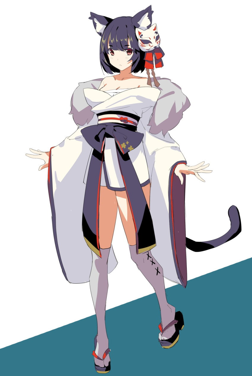 animal_ear_fluff animal_ears azur_lane bare_shoulders black_footwear black_hair breasts brown_eyes cat_ears cat_mask cat_tail cleavage closed_mouth commentary_request eyebrows_visible_through_hair grey_legwear highres ikomochi japanese_clothes kimono light_blush long_sleeves mask mask_on_head medium_breasts obi off_shoulder over-kneehighs sandals sarashi sash short_hair solo standing tabi tail thighhighs white_background white_kimono wide_sleeves yamashiro_(azur_lane)