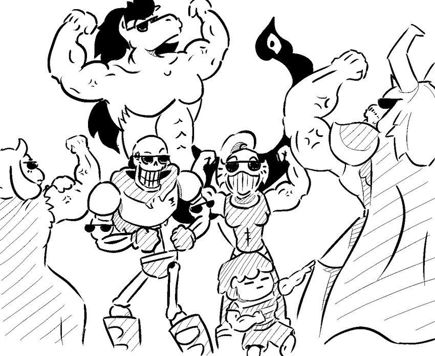 asgore_dreemurr bone caprine eyewear female goat horn human male mammal monochrome muscular papyrus_(undertale) protagonist_(undertale) skeleton sunglasses toriel undertale undyne