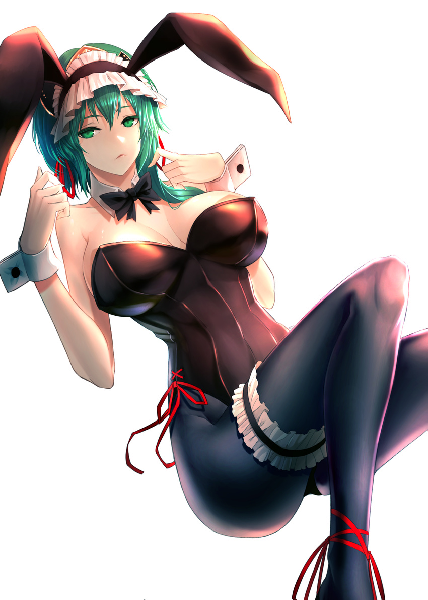 animal_ears bad_id bad_pixiv_id bow bowtie breasts bunny_ears bunny_girl bunnysuit detached_collar garters green_eyes green_hair highres large_breasts leg_garter limeblock pantyhose shiki_eiki short_hair solo touhou transparent_background unamused wrist_cuffs