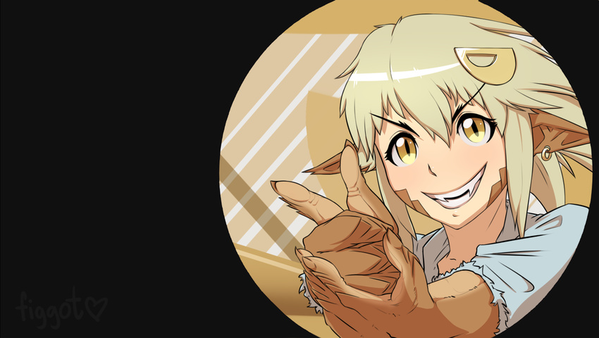 blonde_hair claws earrings echidna_(monster_musume) fangs figgot grin hair_ornament hairclip jewelry lamia monster_girl monster_musume_no_iru_nichijou parody pointing pointy_ears portrait scales signature slit_pupils smile solo yellow_eyes