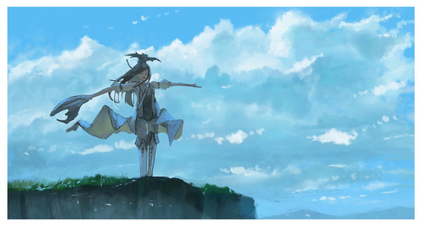 1girl :d black_hair blue_sky boots cliff day dragon eyes_closed floating_hair grass holding knee_boots long_hair negative_space open_mouth original outdoors outstretched_arms reido_(reido_c) scenery sky smile solo spread_arms standing waist_cape white_footwear
