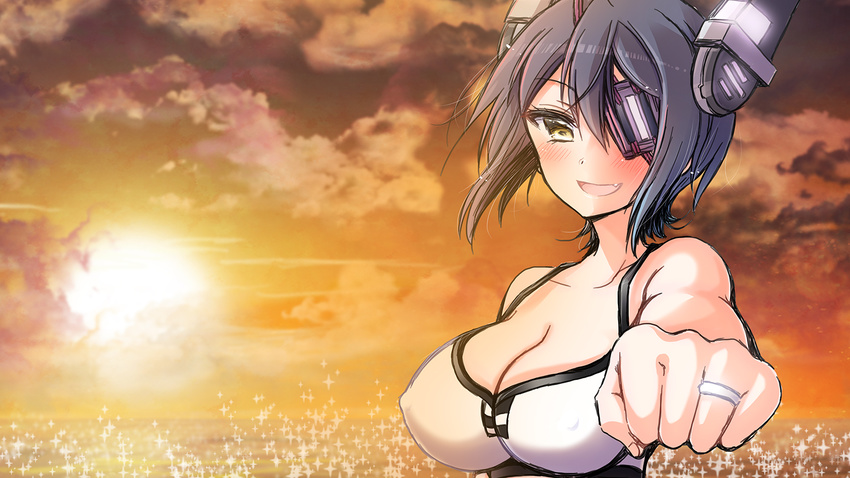 bikini blush breasts cleavage collarbone covered_nipples eyepatch fang headgear highres jewelry kantai_collection large_breasts looking_at_viewer nature ocean open_mouth purple_hair ring short_hair solo swimsuit tenryuu_(kantai_collection) wedding_band yellow_eyes yuzuki_ryouta