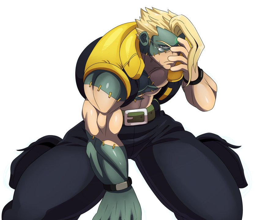 1boy abs adjusting_glasses belt blonde_hair charlie_nash eric_lowery forehead_jewel glasses hand_to_face muscle solo stitches street_fighter street_fighter_v vest