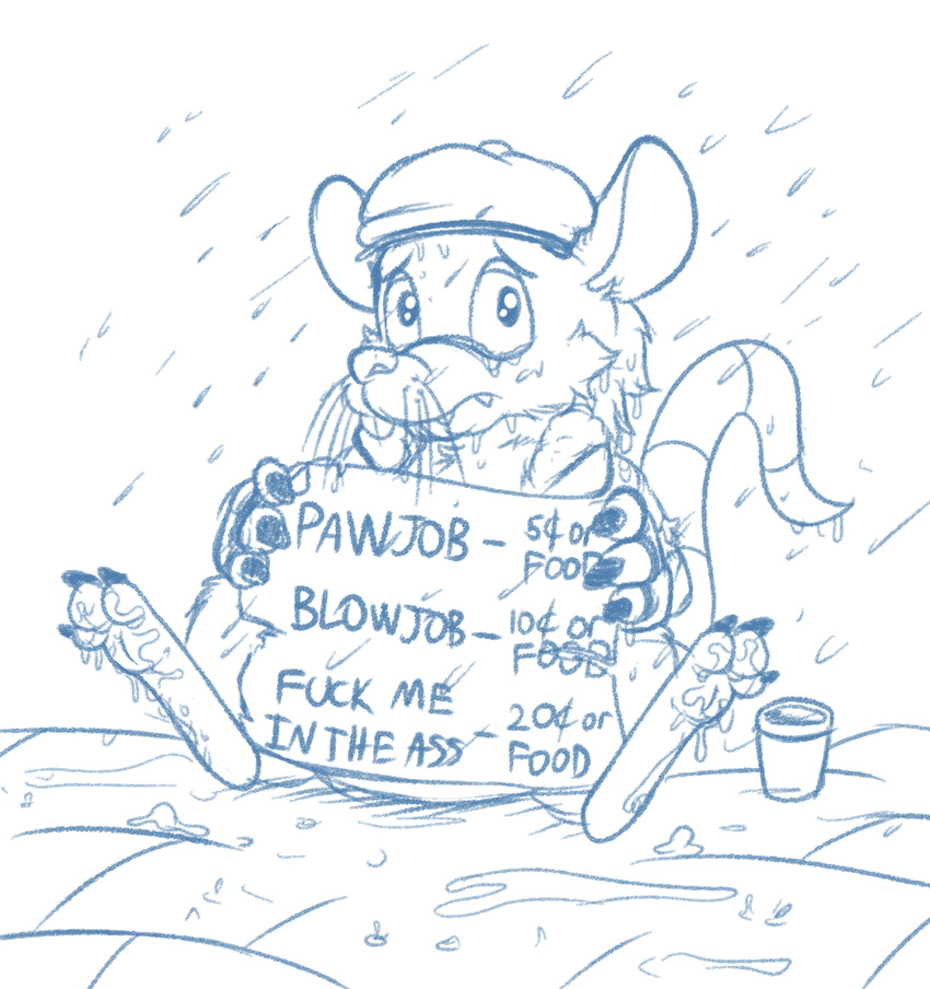 anthro barefoot begging chipp digital_drawing_(artwork) digital_media_(artwork) emenius front_view headgear homeless looking_at_viewer male mammal monochrome outside price prostitution raining rat rodent sad sign sitting solo spread_legs spreading whiskers
