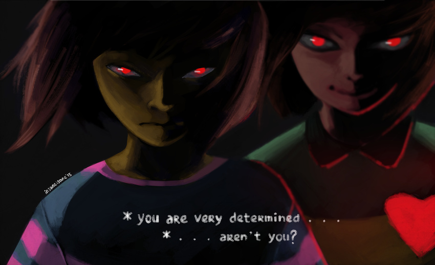 2others androgynous artist_name brown_hair chara_(undertale) collared_shirt dark_persona dual_persona english evil evil_eyes evil_smile frisk_(undertale) glowing glowing_eyes heart insaneisane multiple_others red_eyes shirt smile smirk spoilers striped striped_shirt undertale upper_body yellow_skin