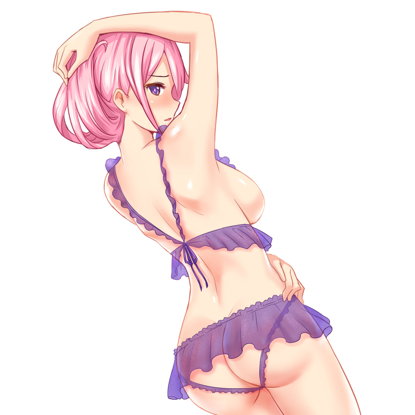 ass blush breasts frills highres large_breasts lingerie long_hair looking_at_viewer original pink_hair purple_eyes see-through sideboob solo underwear zaxwu