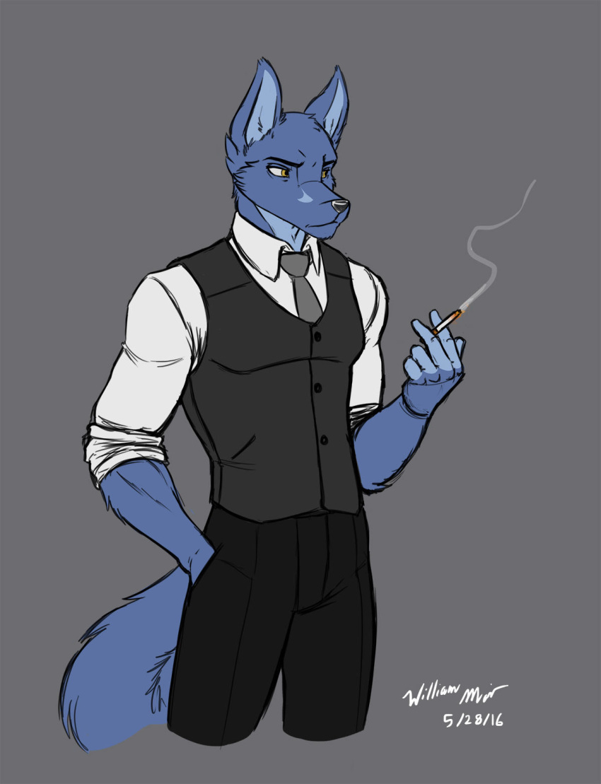2016 anthro blue_fur canine cigarette clothed clothing flynn_shepard frown fur grey_background hand_in_pocket male mammal necktie portrait simple_background smoke solo standing suit three-quarter_portrait wmdiscovery93 wolf yellow_eyes