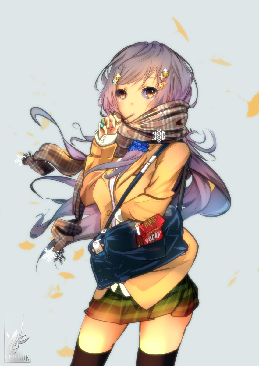 artist_name food food_in_mouth furisode_(pixilvina) hair_ornament highres jewelry long_hair looking_at_viewer original pocky pocky_day purple_hair ring scarf school_uniform silver_hair skirt snowflakes solo