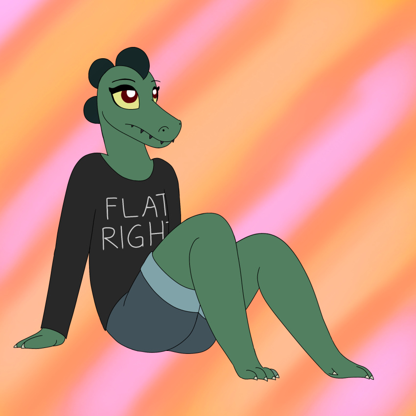 anthro bea_(nitw) claws clothing crocodilian crocodilianbooty female flat_chested lounging makeup night_in_the_woods pants reptile scales scalie shirt shorts simple_background solo teeth text unimpressed video_games