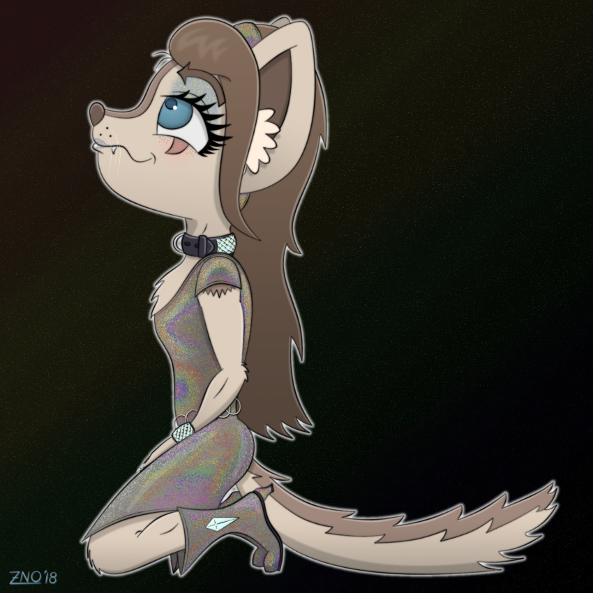 badger bangs blush boots bracelet brown_fur brown_hair clothed clothing collar dress eyelashes eyeshadow fangs female footwear freckles fur gem hair holographic hybrid inner_ear_fluff jewelry kneeling lipstick long_hair makeup mammal mustelid side_view solo stripes whiskers zoelnoone_(artist)