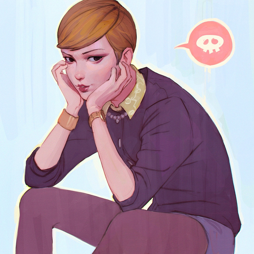 arm_support black_eyes blonde_hair blue_background buttons collar head_rest ilya_kuvshinov jewelry leaning_forward life_is_strange lips necklace nose pantyhose parted_lips pearl_necklace purple_legwear red_lips short_hair simple_background skull smile solo spoken_skull teeth very_short_hair victoria_chase watch wrist_cuffs wristwatch