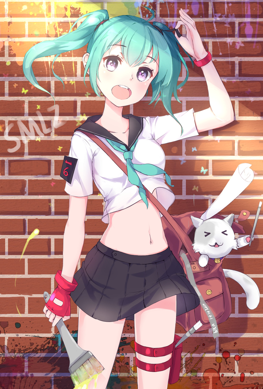 &gt;_&lt; :o adjusting_hair ahoge aqua_hair arm_at_side bad_id bad_pixiv_id badge bag bangs black_skirt brick_wall cat closed_eyes crop_top crop_top_overhang dated fingerless_gloves gloves graffiti green_hair hair_ribbon highres holding holding_paintbrush looking_at_viewer midriff miniskirt mortar n2co navel neckerchief open_mouth original paint paint_splatter paintbrush paper pleated_skirt pouch red_gloves ribbon school_uniform serafuku shirt short_hair short_sleeves shoulder_bag single_glove sketch skirt solo teeth thigh_pouch thigh_strap twintails white_shirt wristband