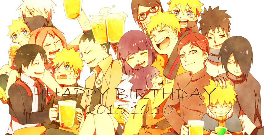 2015 4girls 6+boys age_progression alcohol beer cup dated drinking_glass gaara glasses half_mask happy happy_birthday haruno_sakura hatake_kakashi hyuuga_hinata multiple_boys multiple_girls multiple_persona nara_shikamaru naruto naruto_gaiden naruto_shippuuden o96ap sai sarutobi_konohamaru spiked_hair time_paradox uchiha_sarada uchiha_sasuke uzumaki_boruto uzumaki_himawari uzumaki_naruto whiskers