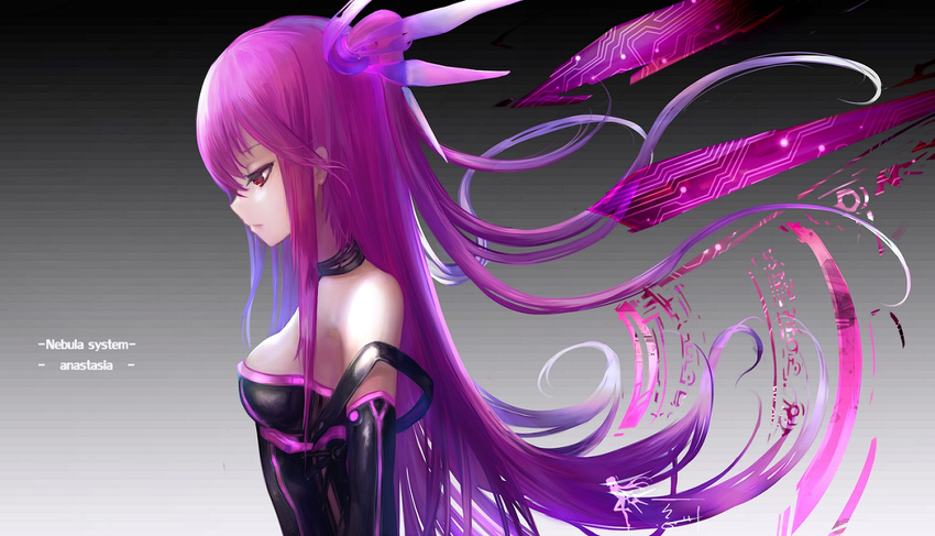 bare_shoulders detached_sleeves gradient gradient_background long_hair original purple_eyes purple_hair simple_background solo wangchuan_de_quanyan wings