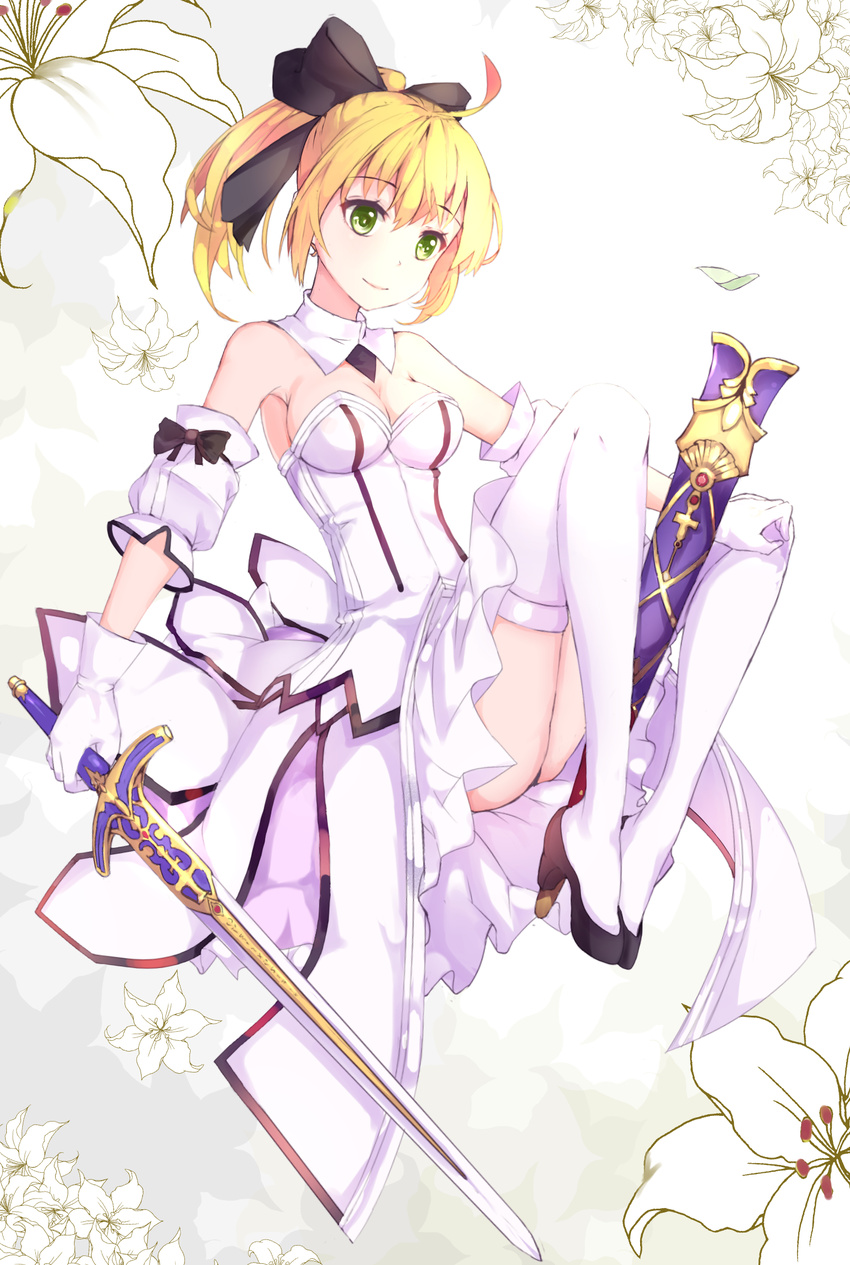 artoria_pendragon_(all) bad_id bad_pixiv_id black_ribbon breasts caliburn cleavage detached_sleeves dress fate/stay_night fate/unlimited_codes fate_(series) flower green_eyes hair_ribbon high_heels highres holding holding_sword holding_weapon medium_breasts n2co ponytail ribbon saber saber_lily scabbard sheath smile solo sword thighhighs weapon white_legwear