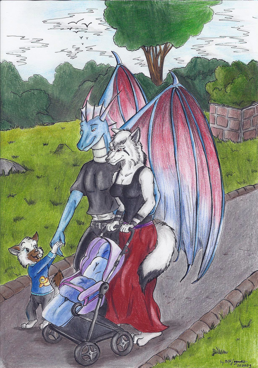 anthro canine child clothed clothing cloud dragon drako drakoilex family female male mammal outside reptile scalie sky standing starlightsmarti stroller young