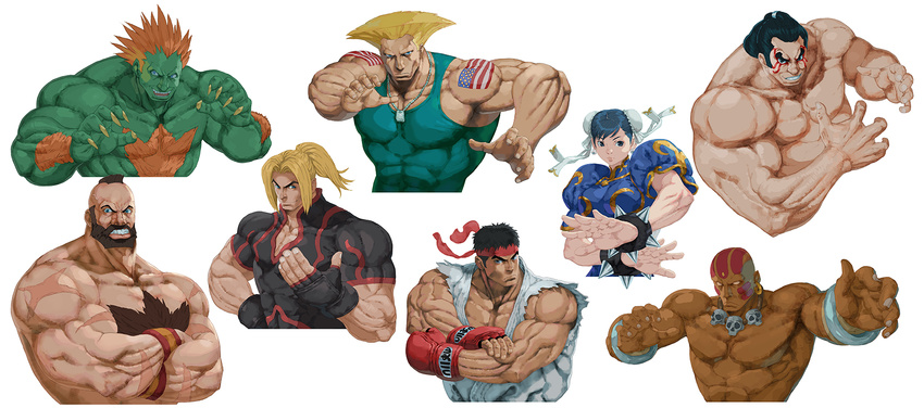 6+boys american_flag bald beard black_eyes black_hair blanka blonde_hair blue_eyes brown_hair chun-li claws crossed_arms dark_skin dhalsim double_bun earrings edmond_honda facial_hair green_skin guile highres jewelry ken_masters multiple_boys muscle no_pupils nt_(gun-ash) orange_hair ponytail ryuu_(street_fighter) scar short_hair simple_background skull skull_necklace street_fighter street_fighter_ii_(series) street_fighter_v sumo white_background zangief