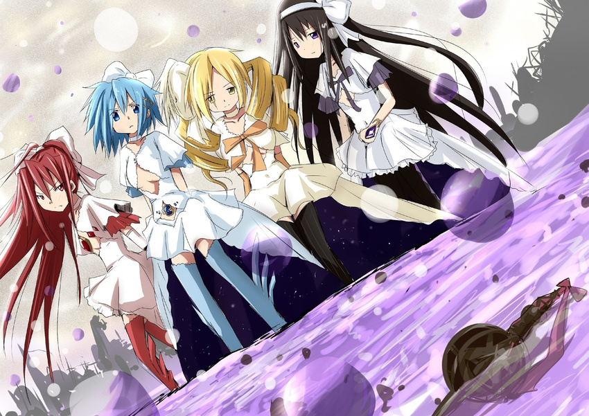 akemi_homura black_hair blonde_hair blue_eyes blue_footwear blue_hair boots cleavage_cutout cosplay dress drill_hair dutch_angle fang grief_seed hair_ornament hair_ribbon hairclip long_hair mahou_shoujo_madoka_magica matching_outfit miki_sayaka multiple_girls pantyhose ponytail purple_eyes red_eyes red_footwear red_hair ribbon rotated sakura_kyouko short_hair thigh_boots thighhighs tomoe_mami twin_drills twintails u_u_(mooooooou) ultimate_madoka ultimate_madoka_(cosplay) very_long_hair white_dress yellow_eyes