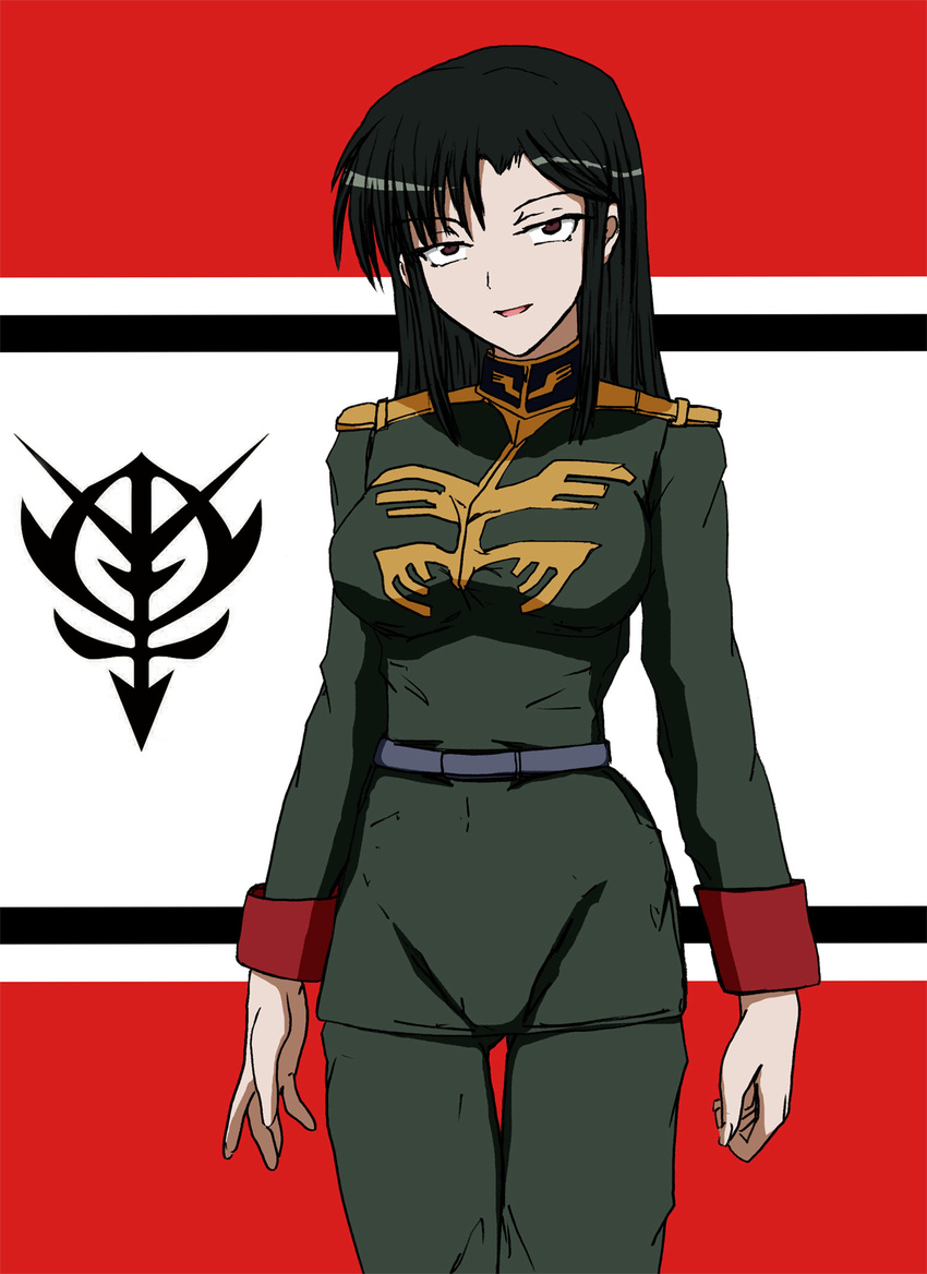 1girl belt cima_garahau green_hair gundam gundam_0080 highres katarina_rina long_hair military_uniform standing zeon