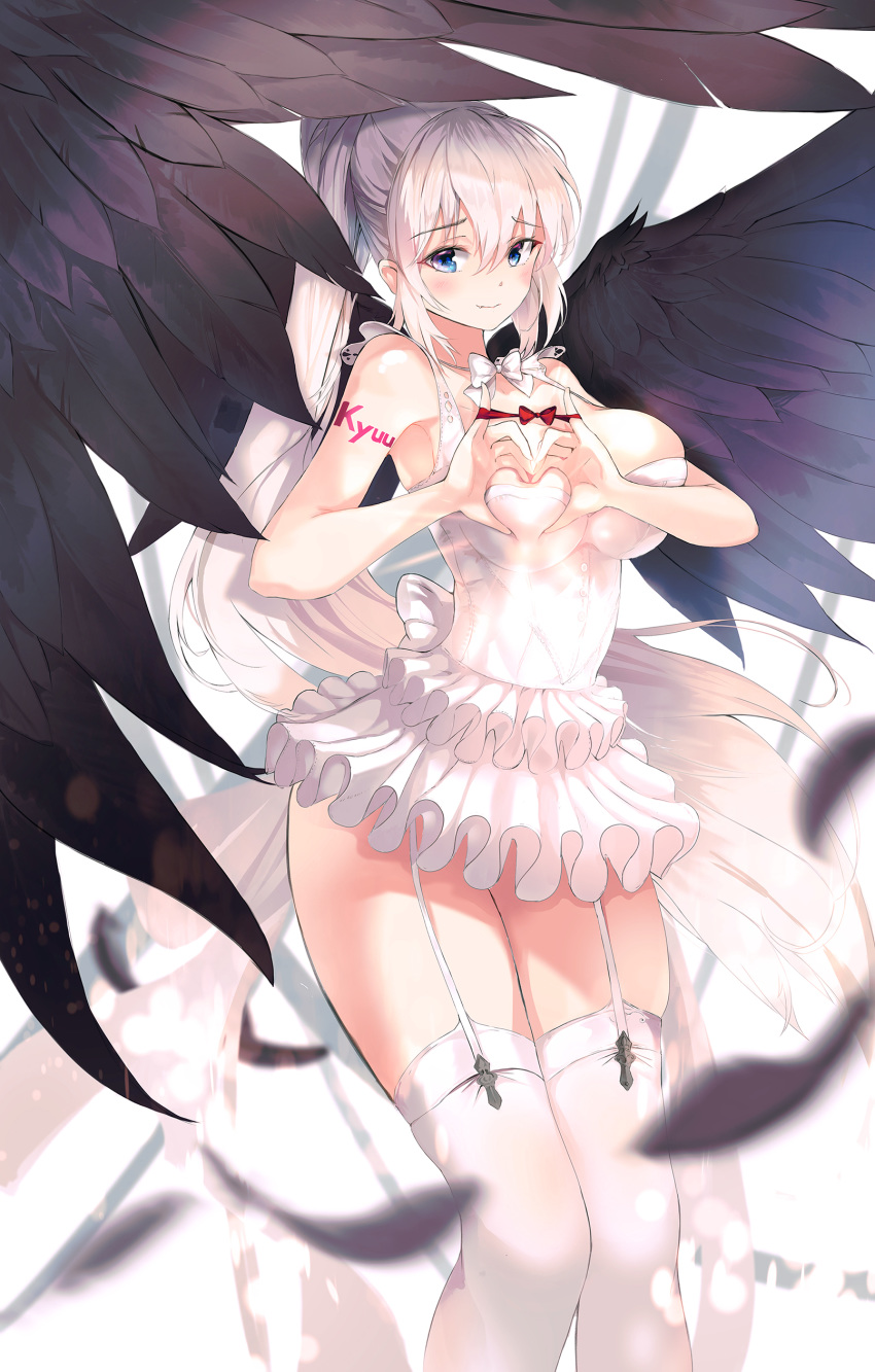 1girl absurdres bangs bare_arms bare_shoulders black_wings blush bow breasts closed_mouth collarbone deep_skin dress eyebrows_visible_through_hair feathered_wings feathers frilled_dress frilled_skirt frills garter_straps hair_between_eyes heart heart-shaped_boob_challenge heart_hands highres kooemong large_breasts long_hair looking_at_viewer original red_bow short_dress sidelocks skirt sleeveless sleeveless_dress smile solo thighhighs white_dress white_hair white_legwear wings