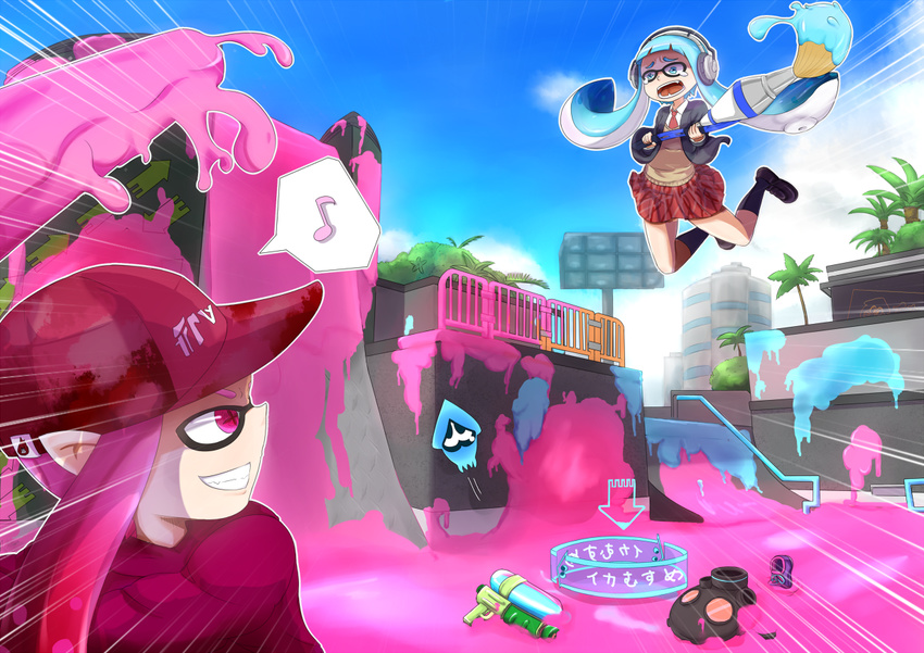 2girls ajia_(otya3039) baseball_cap black_legwear blazer blue_eyes blue_hair cloud cloudy_sky commentary day domino_mask dress_shirt fangs gameplay_mechanics gas_mask grin hat headphones holding inkbrush_(splatoon) inkling jacket jumping loafers mask miniskirt multiple_girls necktie open_mouth outdoors oversized_object paint_roller paint_splatter paintbrush pink_eyes pink_hair pleated_skirt pointy_ears scared school_uniform shirt shoes skirt sky smile socks splat_roller_(splatoon) splatoon_(series) splatoon_1 splattershot_(splatoon) squid super_soaker sweater tearing_up tentacle_hair translated truth white_shirt