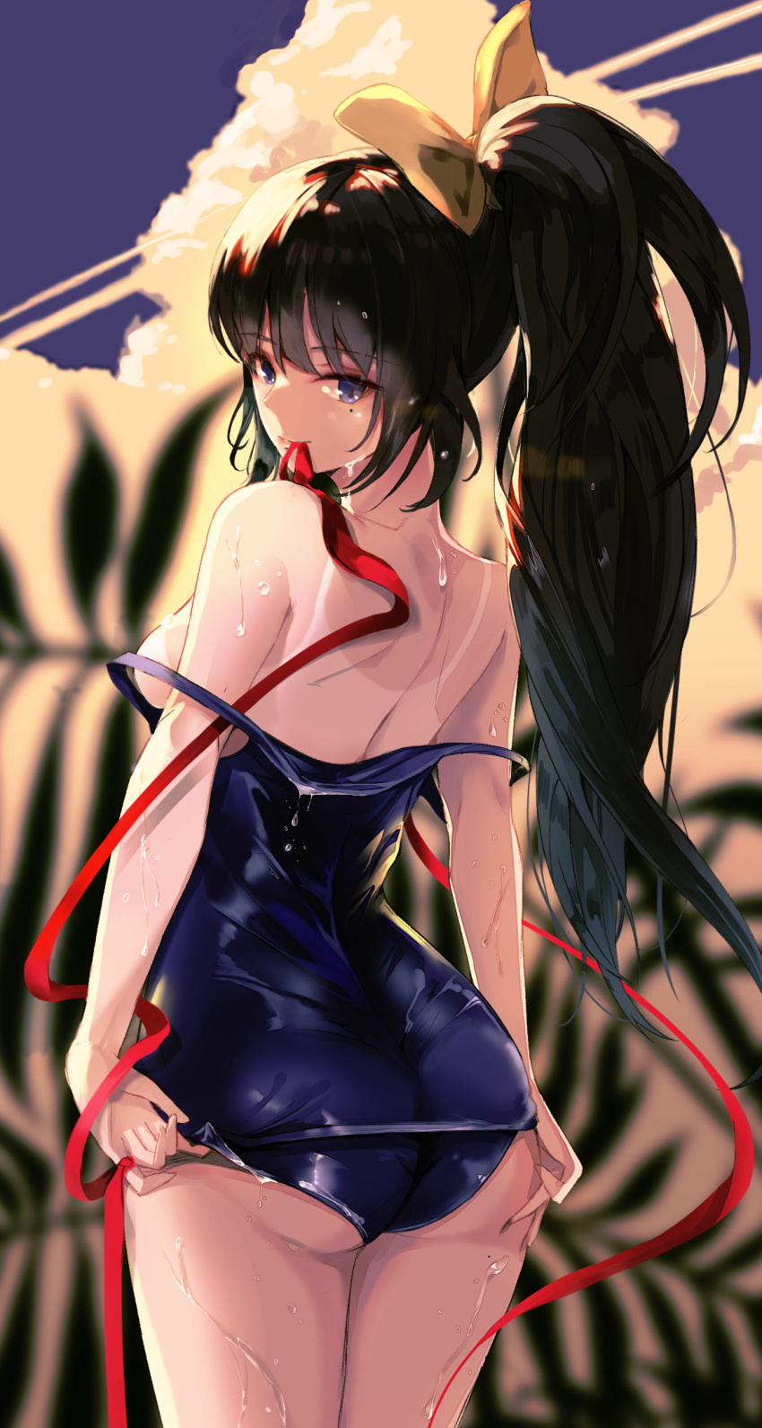 1girl ass back bangs bare_shoulders black_hair blue_eyes blue_sky blue_swimsuit bow breasts cloud cloudy_sky day deep_skin eyebrows_visible_through_hair from_behind hair_bow highres kooemong long_hair looking_at_viewer looking_back medium_breasts mole mole_on_thigh mole_under_eye mouth_hold one-piece_swimsuit one-piece_tan original outdoors ponytail pulled_by_self red_ribbon ribbon school_swimsuit shoulder_blades sideboob skin_tight sky small_breasts smile solo standing swimsuit swimsuit_pull tan tanline very_long_hair wet wet_clothes wet_hair wet_swimsuit yellow_bow