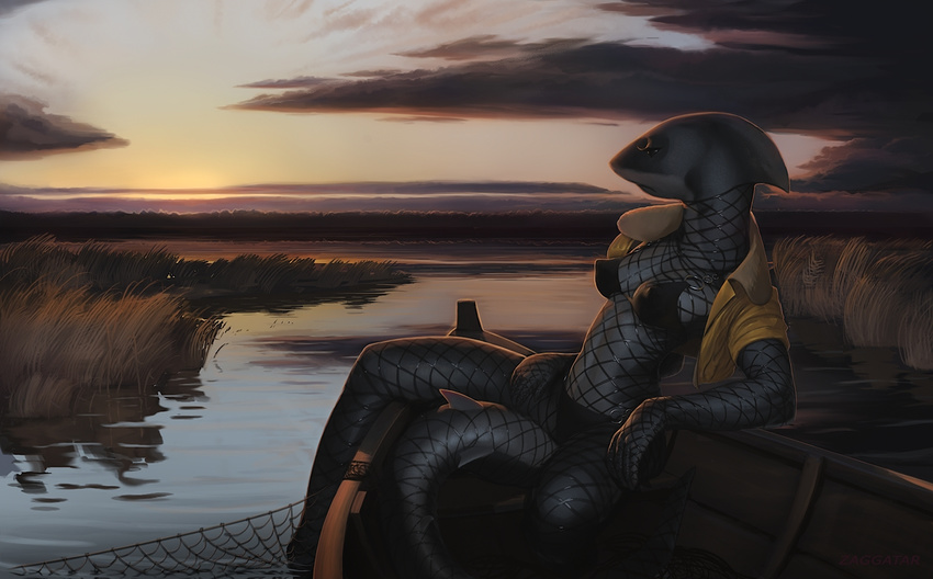 big_nipples bikini boat clothing cloud female fish fishnet fishnet_suit grass jacket lake leaning_backwards marine nipples resting shark sunset swimsuit vehicle water zaggatar