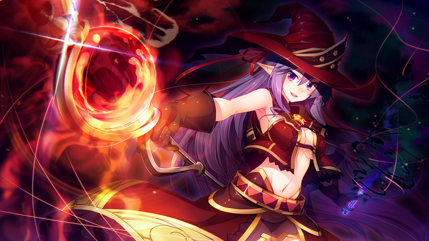 belt female game_cg holding holding_weapon long_hair magic midriff navel open_mouth potion purple_eyes purple_hair shannon_fiszer sleeveless smile solo staff tou_no_shita_no_exercitus underboob weapon witch witch_hat