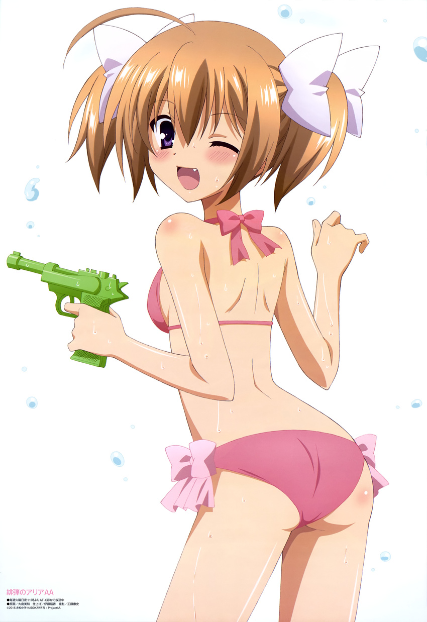 absurdres bikini brown_hair hidan_no_aria hidan_no_aria_aa highres mamiya_akari official_art ooshima_miwa pink_bikini purple_eyes ribbon solo swimsuit twintails water_gun wet